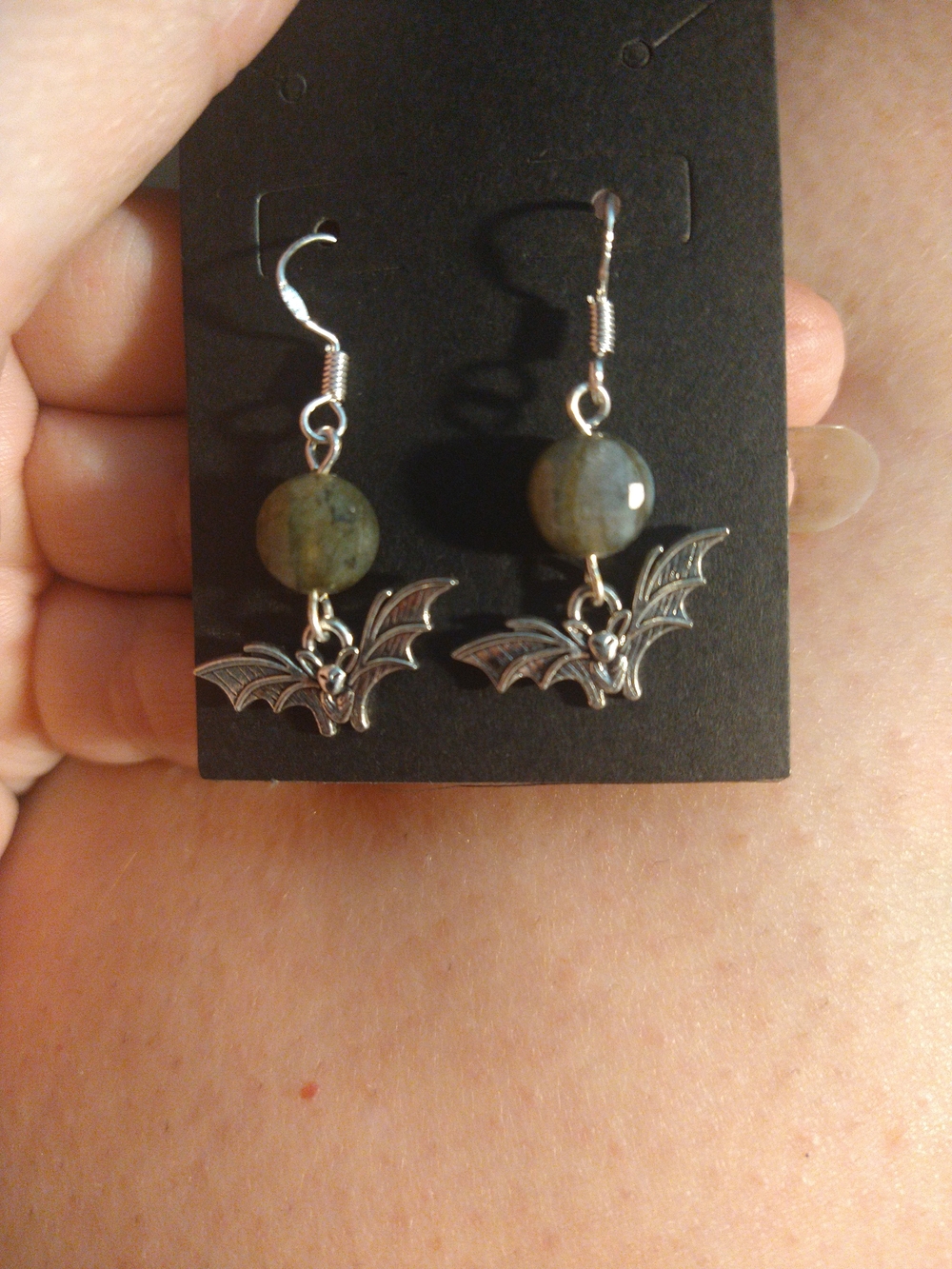 Bat Charm Labradorite Stone Drop Earrings - Gothic Gargoyle